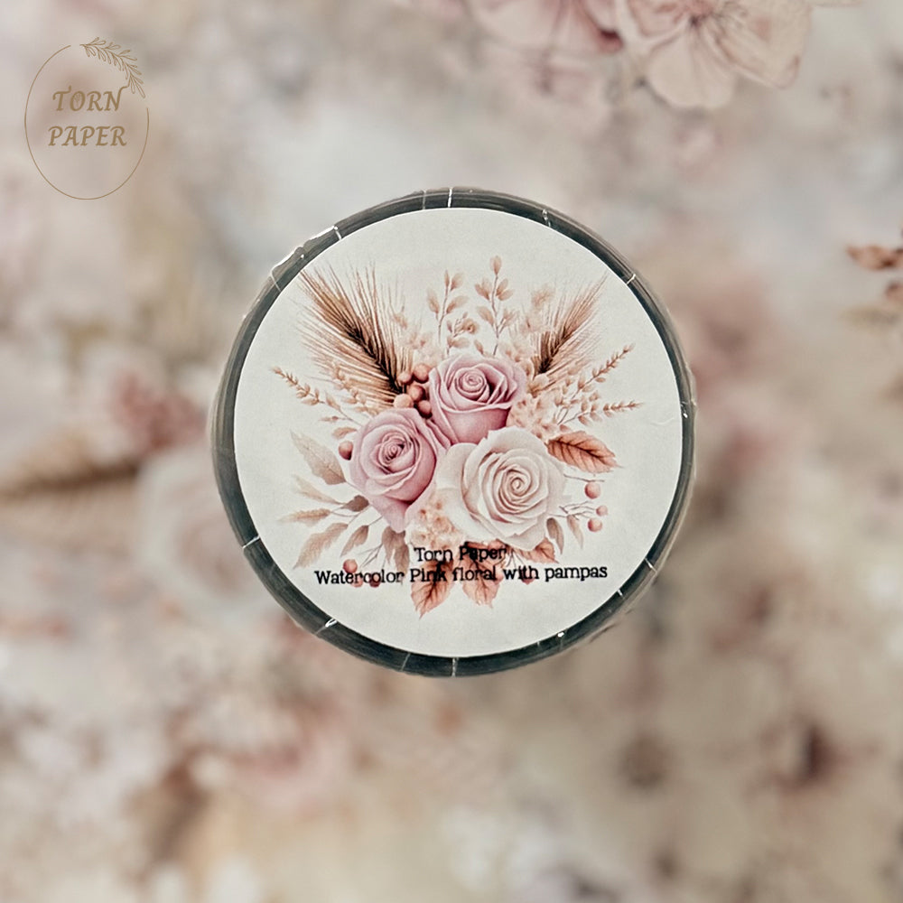 Torn Paper_ Watercolor Pink floral with pampas 3D Print PET Tape 200cm TPM 012[1Loop]