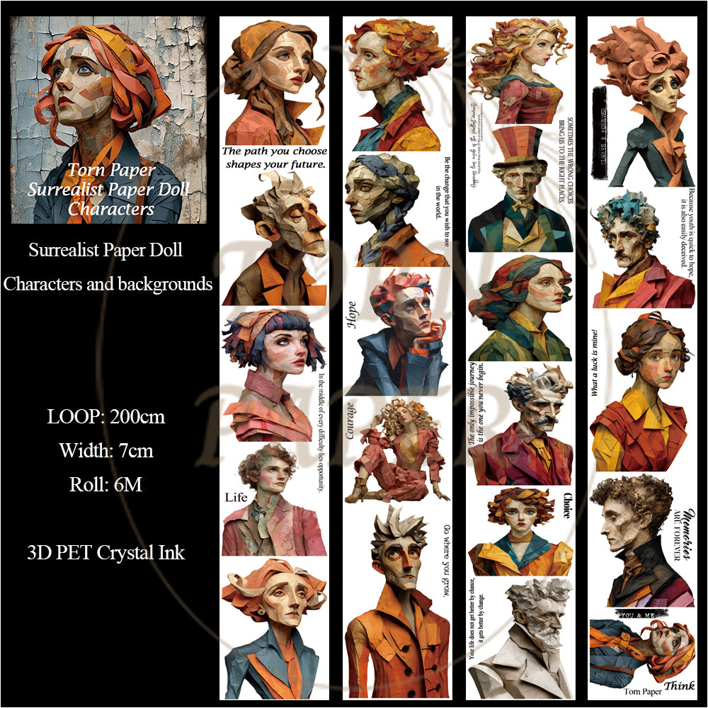Torn Paper_ Surrealist Paper Doll Characters 3D Print PET Tape 6m TPM 023