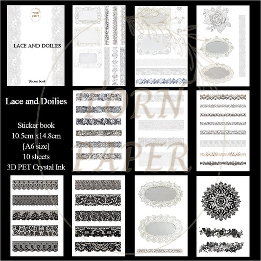 Torn Paper_ Lace and Doilies 3D Print PET Stickerbook 10sheets TPM 039