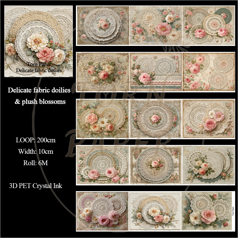 Torn Paper_ Delicate fabric doilies & plush blossoms 3D Print PET Tape 200cm TPM 032[1Loop]