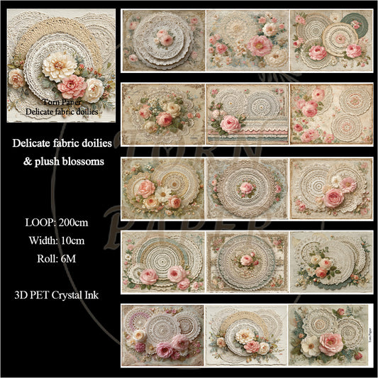 Torn Paper_ Delicate fabric doilies & plush blossoms 3D Print PET Tape 6m TPM 032[Whole]