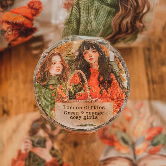 London Gifties_ Green & orange cosy girls KISS CUT 3D Gloss PET Tape 10m[1Loop] LG 313