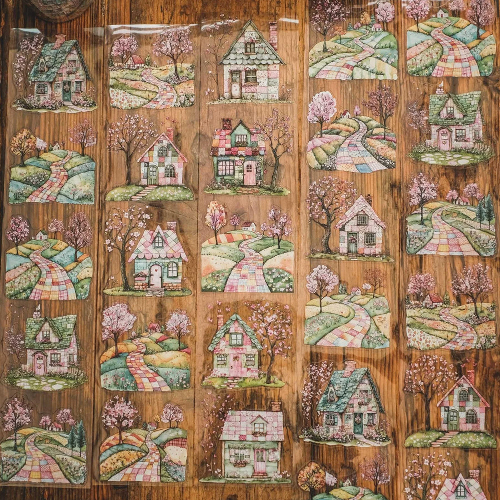 London Gifties_ Pink & green patchwork village 3D Gloss Kiss Cut PET Tape 10m[Whole] LG 487