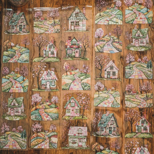 London Gifties_ Pink & green patchwork village 3D Gloss Kiss Cut PET Tape 10m[1Loop] LG 487
