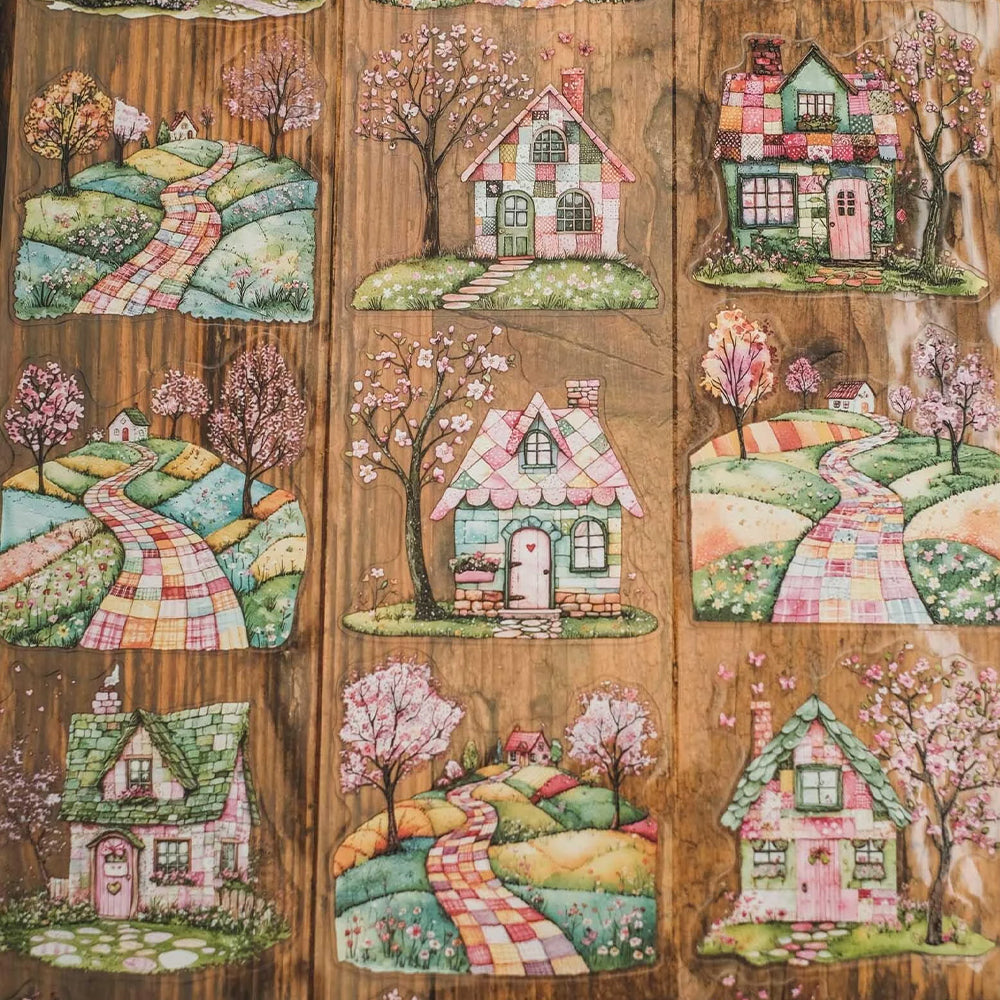 London Gifties_ Pink & green patchwork village 3D Gloss Kiss Cut PET Tape 10m[1Loop] LG 487