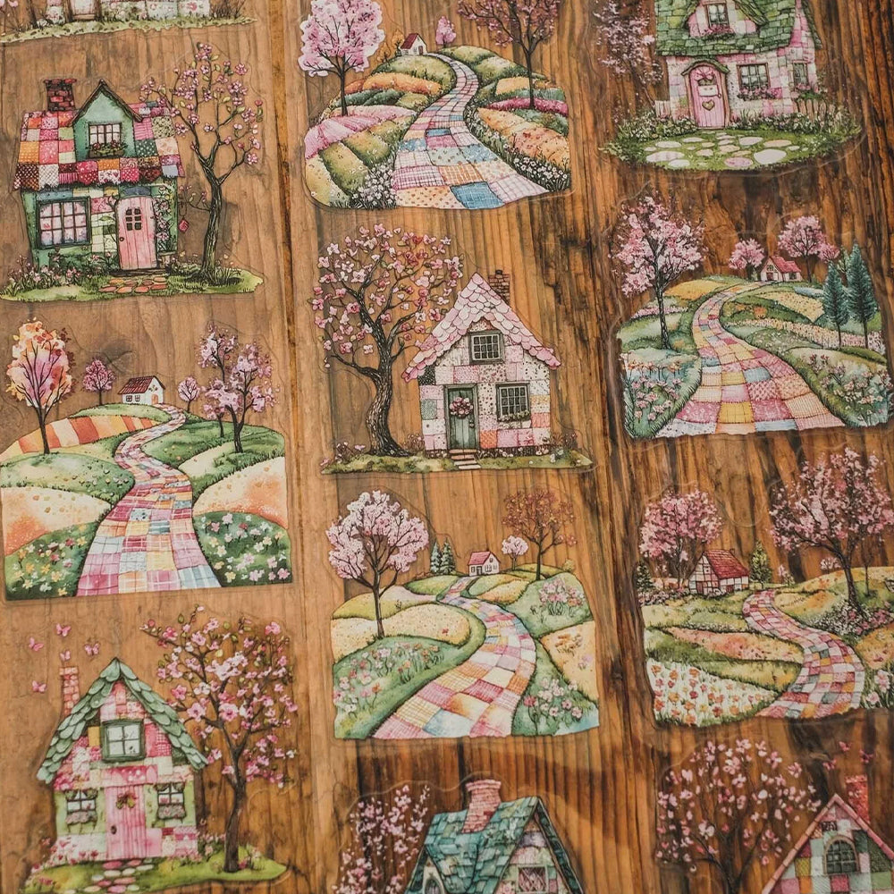 London Gifties_ Pink & green patchwork village 3D Gloss Kiss Cut PET Tape 10m[1Loop] LG 487