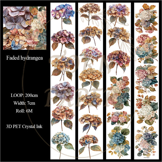 Torn Paper_ Faded hydrangea 3D Print PET Tape 200cm TPM 058[1Loop]